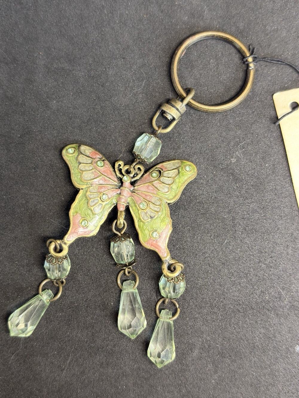 Vintage Tracy Porter For CBK Green Enamel Rhinestone Butterfly Pendant Key Chain